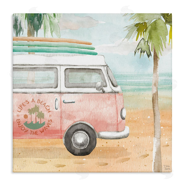 stupell industries Dina June | Life's a Beach Pink Surf Van Wall Art