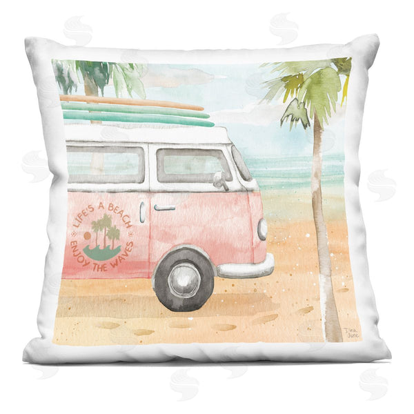 stupell industries Dina June | Pink Bus Van Tropical Vacation Beach Scene Printed Throw Pillow