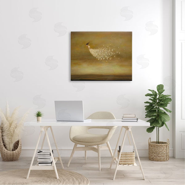 Stupell Industries Duy Huynh | Elegant Woman Flying Doves Birds Dress Ochre Sky Wall Art
