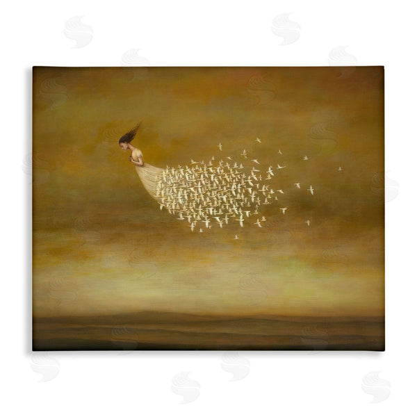 stupell industries Duy Huynh | Elegant Woman Flying Doves Birds Dress Ochre Sky Wall Art