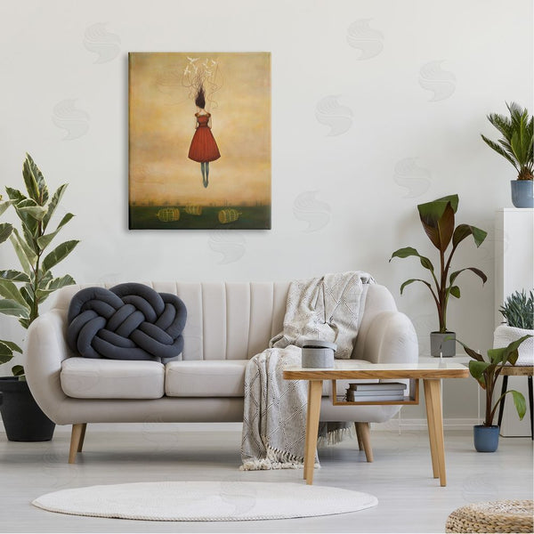 Stupell Industries Duy Huynh | Woman Floating Birdcage Doves Red Dress Surreal Design Wall Art