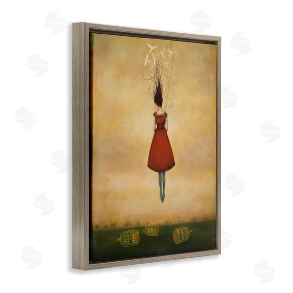 Stupell Industries Duy Huynh | Woman Floating Birdcage Doves Red Dress Surreal Design Wall Art