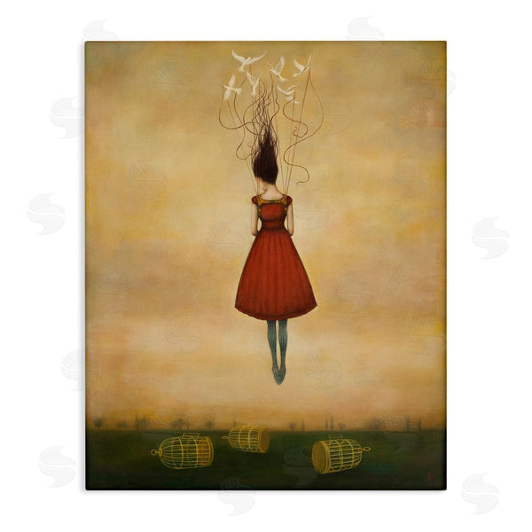 stupell industries Duy Huynh | Woman Floating Birdcage Doves Red Dress Surreal Design Wall Art