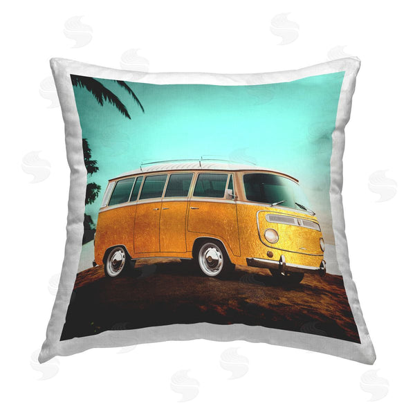 stupell industries Elephant Stock | Yellow Van on Tropical Beach Printed Throw Pillow