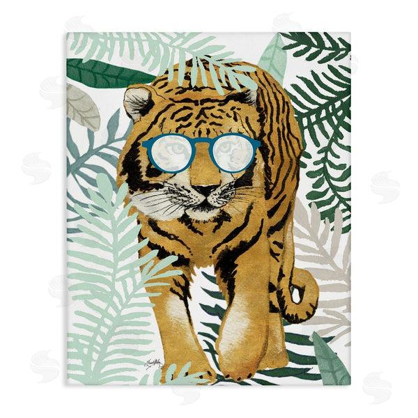 stupell industries Elizabeth Medley | Funny Tiger Wearing Glasses Green Fern Leaf Plants Wall Art