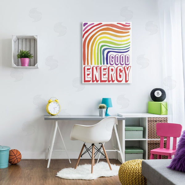 Stupell Industries Elizabeth Medley | Good Energy Phrase Abstract Rainbow Waves Bold Typography Wall Art