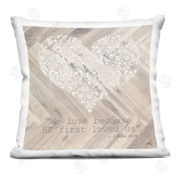 stupell industries Elizabeth Medley | He Loved Us First Throw Pillow