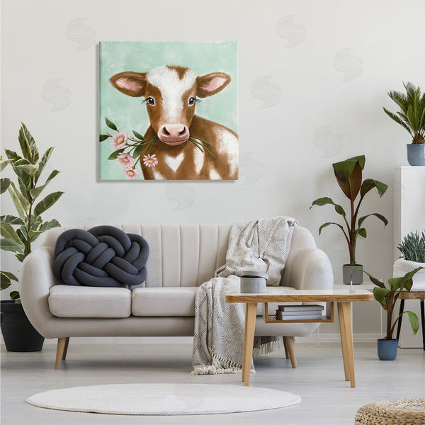 Stupell Industries Elizabeth Tyndall | Baby Brown Cow Soft Eyes Pink Daisy Florals Wall Art