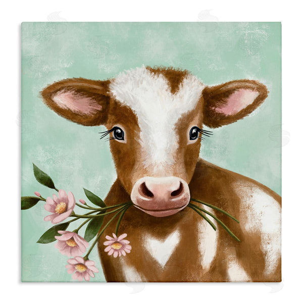 stupell industries Elizabeth Tyndall | Baby Brown Cow Soft Eyes Pink Daisy Florals Wall Art
