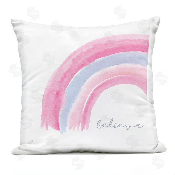 Stupell Industries Elizabeth Tyndall | Believe Calligraphy Pink Blue Pastel Rainbow Printed Throw Pillow