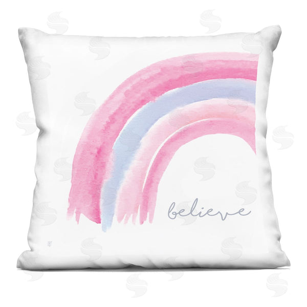 stupell industries Elizabeth Tyndall | Believe Calligraphy Pink Blue Pastel Rainbow Printed Throw Pillow