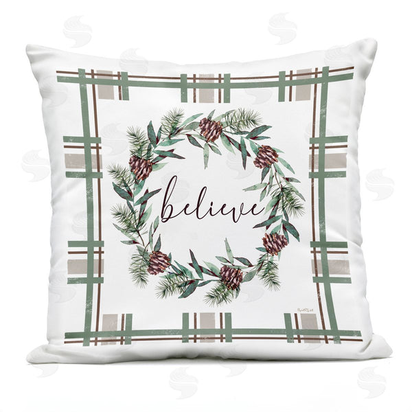 Stupell Industries Elizabeth Tyndall | Believe Wreath On Green Plaid Printed Throw Pillow