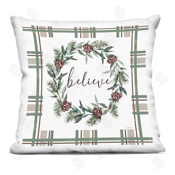 stupell industries Elizabeth Tyndall | Believe Wreath on Green Plaid Printed Throw Pillow