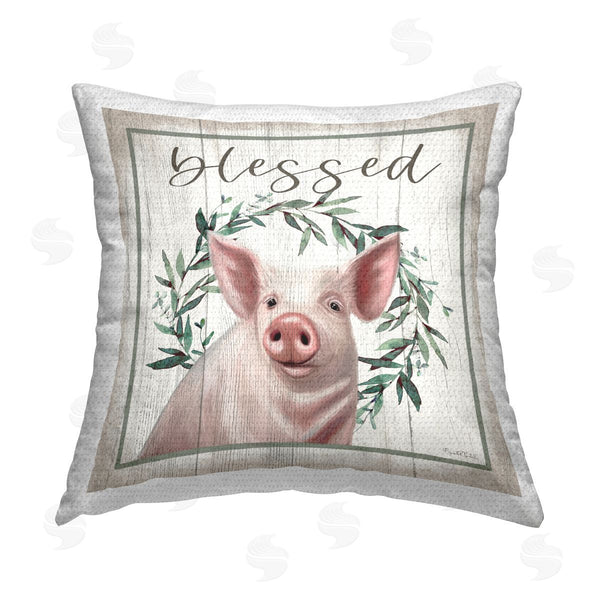 Stupell Industries Elizabeth Tyndall | Blessed Farmhouse Pig Rustic Wreath Printed Throw Pillow