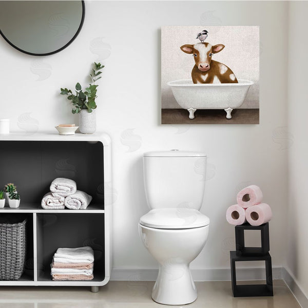 Stupell Industries Elizabeth Tyndall | Cow In Bathtub With Perched Bird Animals Wall Art