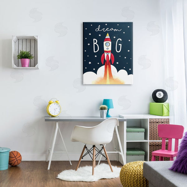 Stupell Industries Elizabeth Tyndall | Dream Big Sentiment Rocket Blast Off Starry Clouds Wall Art