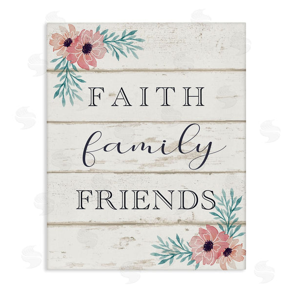 stupell industries Elizabeth Tyndall | Faith Family Friends Pink Flowers Country Plank Pattern Wall Art