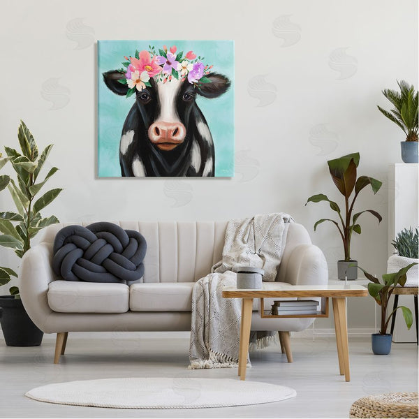 Stupell Industries Elizabeth Tyndall | Farm Cow Floral Turquoise Blossoms Wall Art