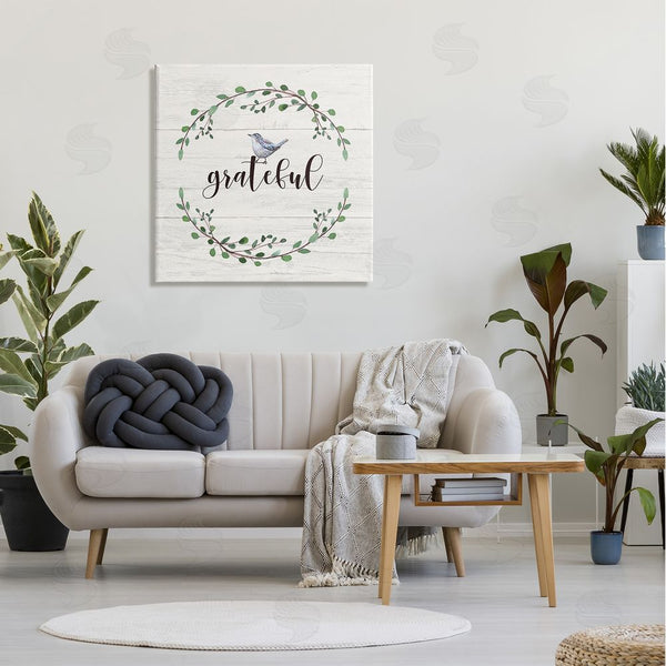 Stupell Industries Elizabeth Tyndall | Grateful Bird Crown Laurel Twigs Foliage Country Pattern Wall Art