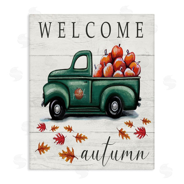 stupell industries Elizabeth Tyndall | Green Farm Truck Autumn Apple Harvest Welcome Sign Wall Art