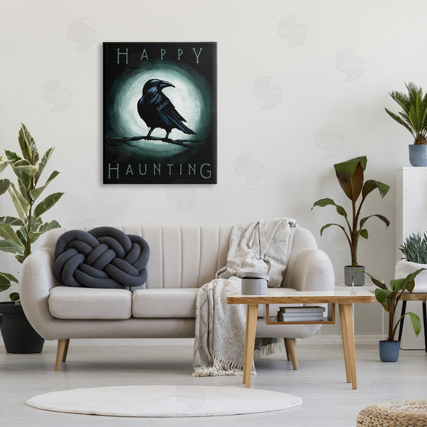 Stupell Industries Elizabeth Tyndall | Happy Hauntings Phrase Black Crow Perched Festive Halloween Wall Art
