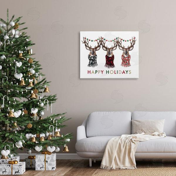 Stupell Industries Elizabeth Tyndall | Happy Holidays Christmas Reindeer Antlers Plaid Scarf Wall Art
