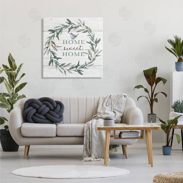 Stupell Industries Elizabeth Tyndall | Home Sweet Home Sentiment Green Fern Wreath Blue Bird Wall Art