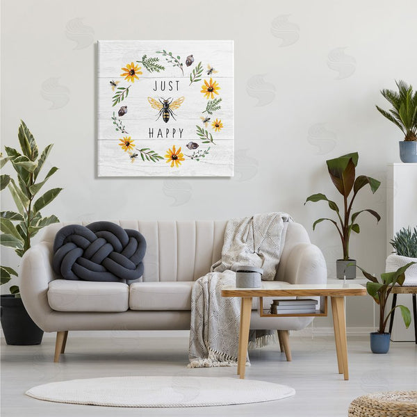 Stupell Industries Elizabeth Tyndall | Just Bee Happy Pun Phrase Yellow Daisy Wreath Wall Art