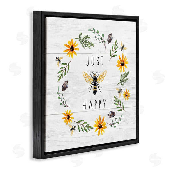 Stupell Industries Elizabeth Tyndall | Just Bee Happy Pun Phrase Yellow Daisy Wreath Wall Art