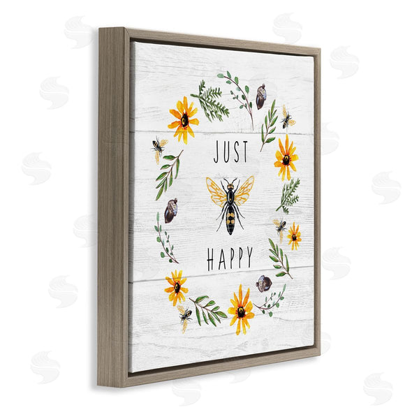 Stupell Industries Elizabeth Tyndall | Just Bee Happy Pun Phrase Yellow Daisy Wreath Wall Art