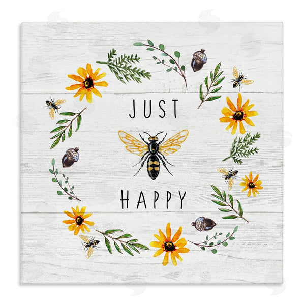 stupell industries Elizabeth Tyndall | Just Bee Happy Pun Phrase Yellow Daisy Wreath Wall Art