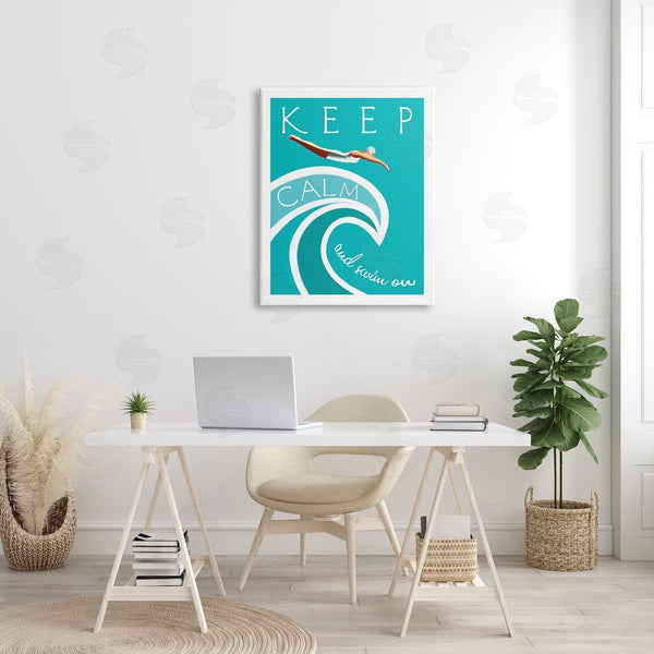 Stupell Industries Elizabeth Tyndall | Keep Calm Swim On Phrase Female Diver Blue Wave Wall Art