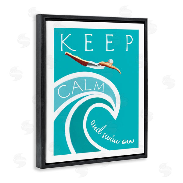 Stupell Industries Elizabeth Tyndall | Keep Calm Swim On Phrase Female Diver Blue Wave Wall Art