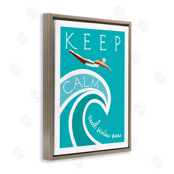 Stupell Industries Elizabeth Tyndall | Keep Calm Swim On Phrase Female Diver Blue Wave Wall Art