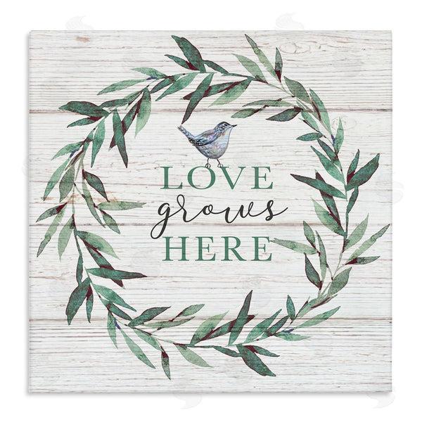 stupell industries Elizabeth Tyndall | Love Grows Here Sentiment Green Fern Wreath Blue Warbler Wall Art