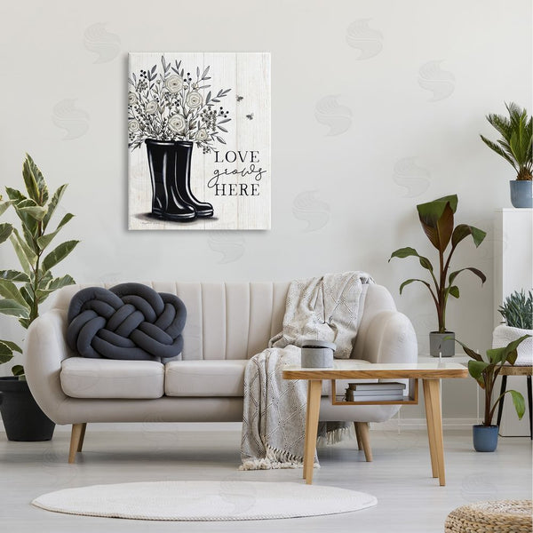 Stupell Industries Elizabeth Tyndall | Love Grows Here White Roses Black Rainboots Sign Wall Art
