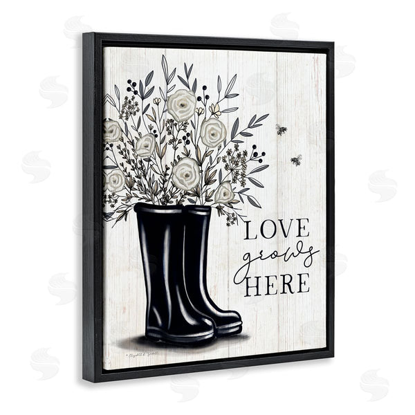 Stupell Industries Elizabeth Tyndall | Love Grows Here White Roses Black Rainboots Sign Wall Art