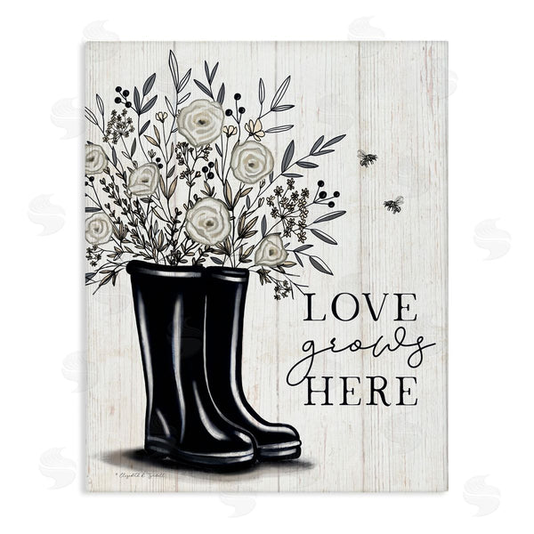 stupell industries Elizabeth Tyndall | Love Grows Here White Roses Black Rainboots Sign Wall Art
