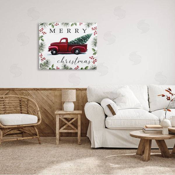 Stupell Industries Elizabeth Tyndall | Merry Christmas Traditional Red Truck Winter Holly Border Wall Art