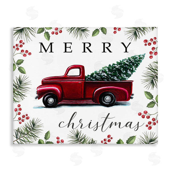 stupell industries Elizabeth Tyndall | Merry Christmas Traditional Red Truck Winter Holly Border Wall Art