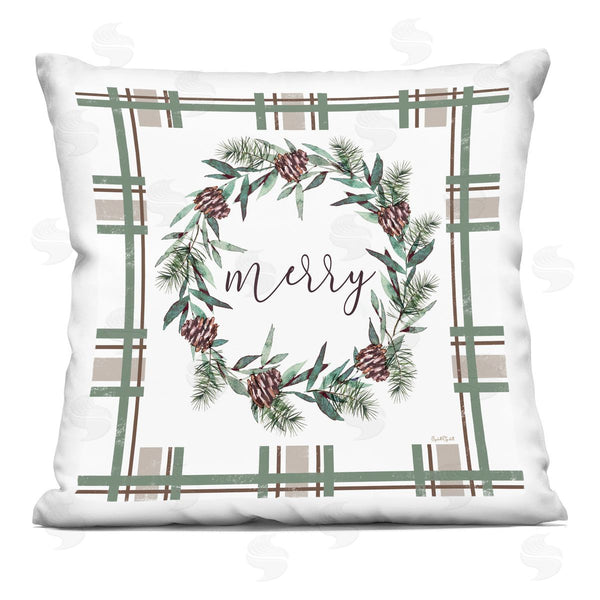stupell industries Elizabeth Tyndall | Merry Wreath on Green Plaid Printed Throw Pillow