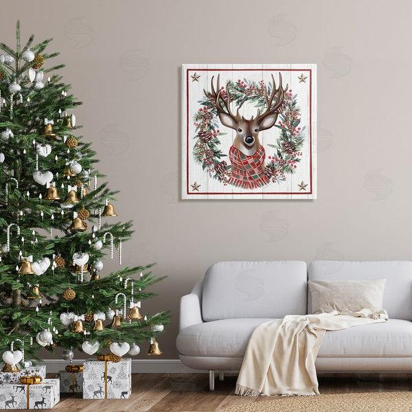 Stupell Industries Elizabeth Tyndall | Rustic Holly Pinecone Wreath Bordered Reindeer Scarf Wall Art