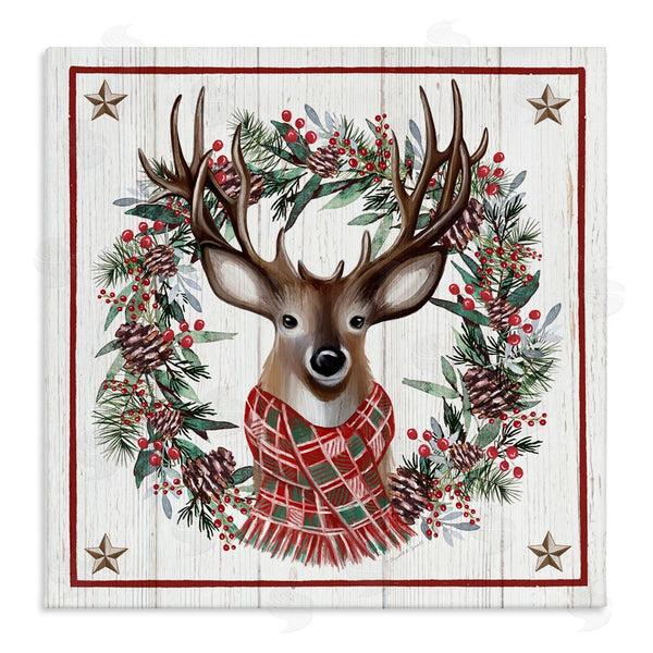 stupell industries Elizabeth Tyndall | Rustic Holly Pinecone Wreath Bordered Reindeer Scarf Wall Art