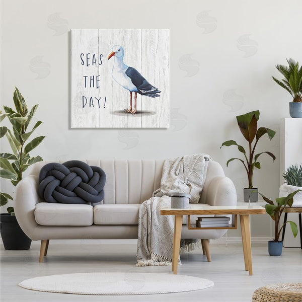 Stupell Industries Elizabeth Tyndall | Seas The Day Sentiment Rustic Nautical Seagull Bird Wall Art