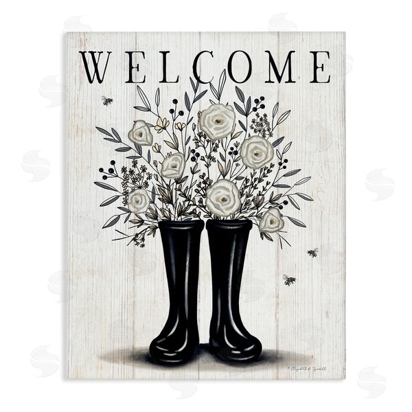 stupell industries Elizabeth Tyndall | Welcome White Roses Gardening Boots Outdoors Insect Sign Wall Art