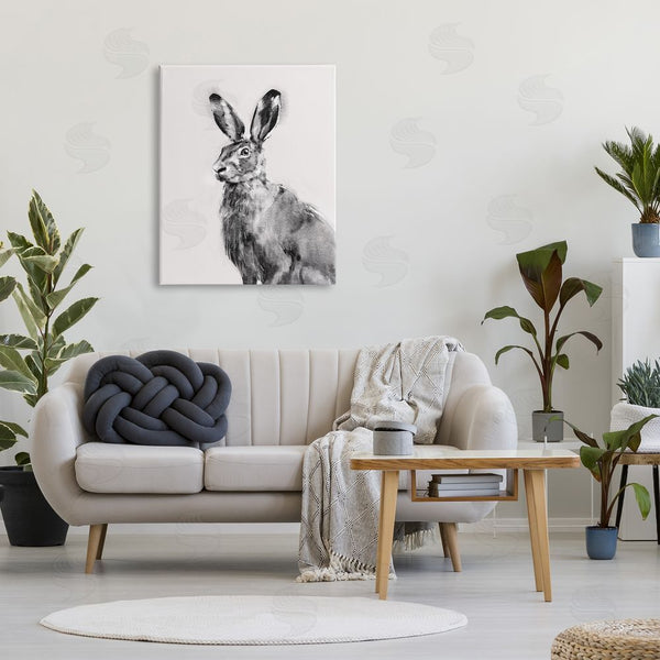 Stupell Industries Emma Caroline | Large Wild Hare Portrait Minimal Black Off-White Illustration Wall Art