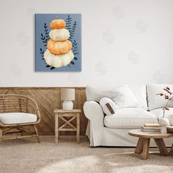 Stupell Industries Emma Caroline | Stacked Fall Pumpkins Botanical Leaves Blue Background Wall Art