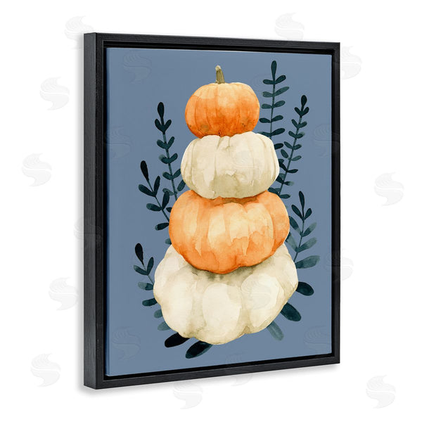 Stupell Industries Emma Caroline | Stacked Fall Pumpkins Botanical Leaves Blue Background Wall Art
