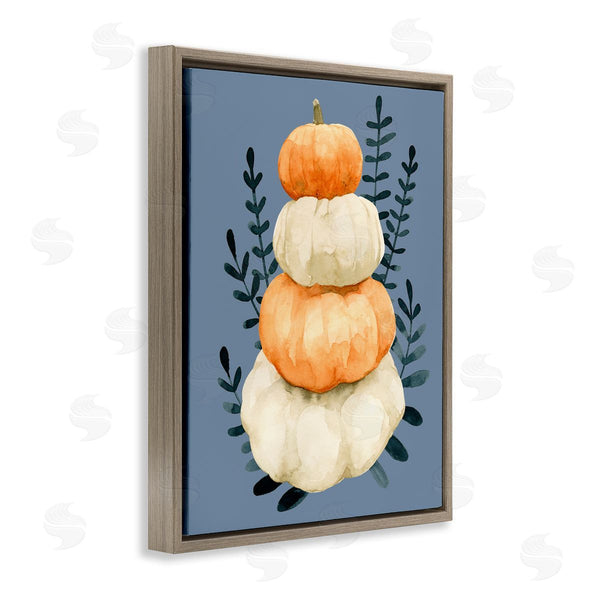 Stupell Industries Emma Caroline | Stacked Fall Pumpkins Botanical Leaves Blue Background Wall Art