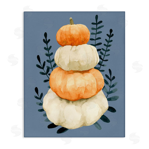 stupell industries Emma Caroline | Stacked Fall Pumpkins Botanical Leaves Blue Background Wall Art